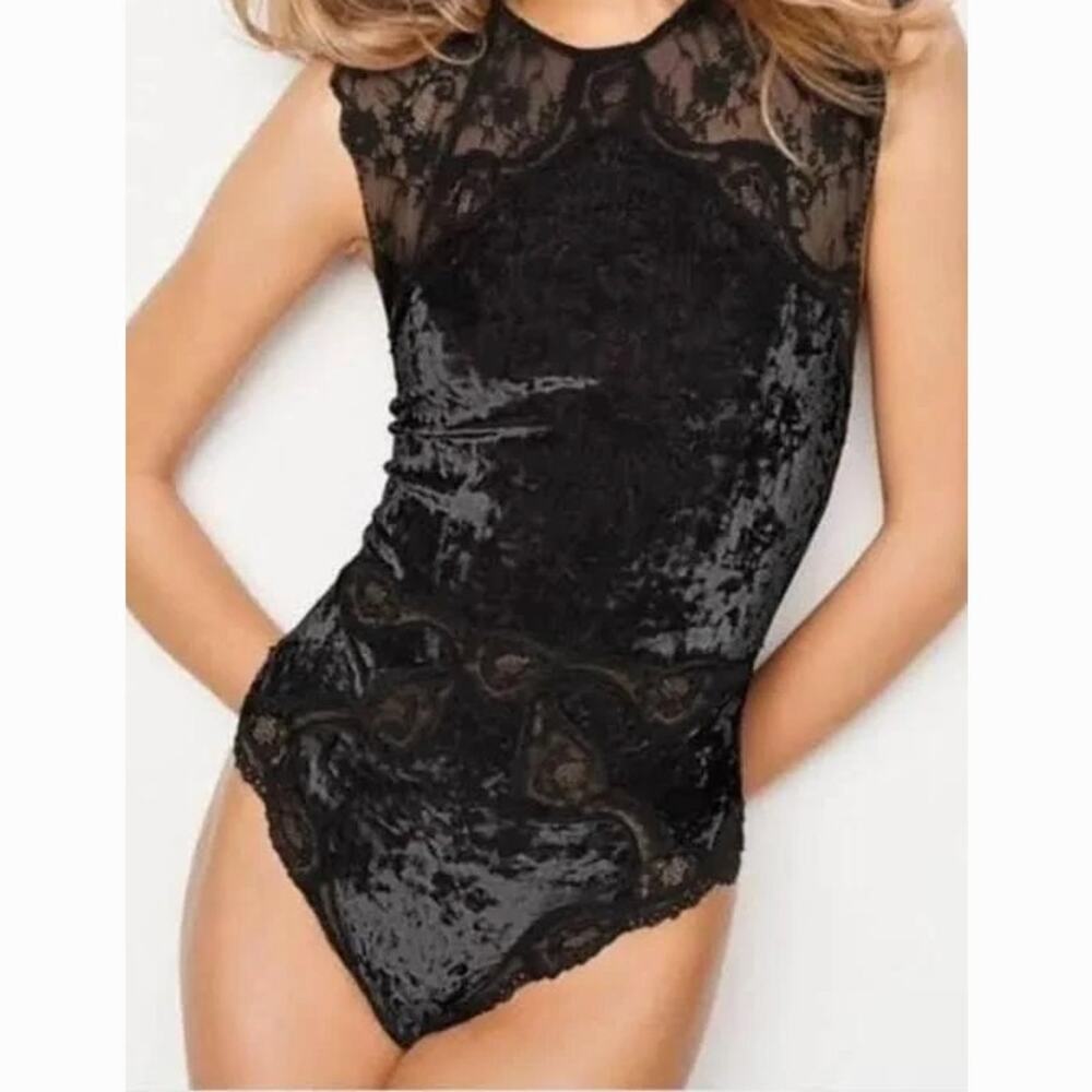 Victoria's Secret Black Lace Velvet Bodysuit